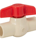 One Half Inch CPVC Slip Ball Valve White Heavy Duty Quick Release Water Shutoff Switch No Sweat Design For Cramped Corners and Smooth DIY Plumbing Tasks Red handle with white body.