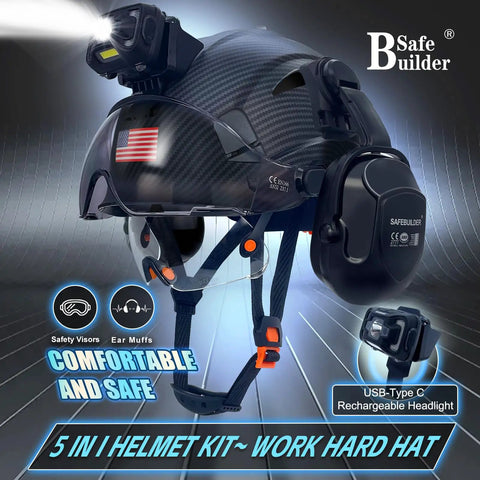 Built Tough Hard Hat With Integrated Headlamp For All Day Comfort And Visor, Ventilated Adjustable Ear Muffs, ANSI Z89.1 Helmet