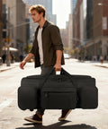 Man walking with military grade rolling duffle bag for travel