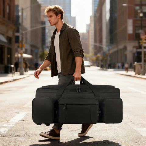 Man walking with military grade rolling duffle bag for travel