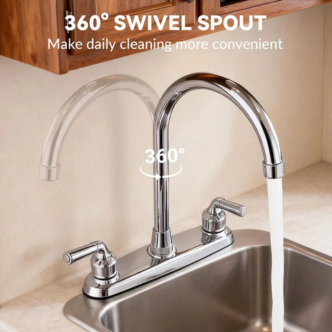 Heavy Duty All Metal RV Kitchen Faucet With Chrome Finish Zero Leak Drama Smooth Water Flow Anti Splash Handle Built Tough For Camper Rig And Road Trip with 360° swivel spout and smooth water flow.