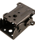 Rock Solid Folding Table Leg Brackets With Self Lock Hinges And Screws For Quick Workbench Upgrades Adjustable Zero To Ninety Degrees Bears Up To Five Hundred Pounds In Clean Matte Black close-up of hinge bracket.