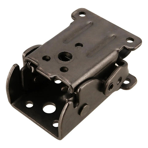 Rock Solid Folding Table Leg Brackets With Self Lock Hinges And Screws For Quick Workbench Upgrades Adjustable Zero To Ninety Degrees Bears Up To Five Hundred Pounds In Clean Matte Black close-up of hinge bracket.