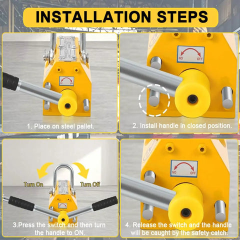 Installation steps for Industrial Grade Permanent Lifting Magnet With Easy Release Lever on steel pallet.