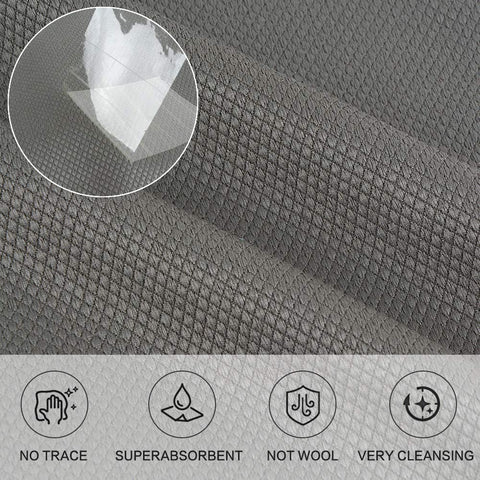 Close-up of grey fish scale microfiber cloth shows texture. Fish Scale Microfiber Cleaning Cloths For Glass And Mirrors label visible.