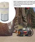 Smooth Operator Mini Vacuum Pump DC12V Low Noise Electric Air Motor shown with pressure switch near a tire in outdoor setting.