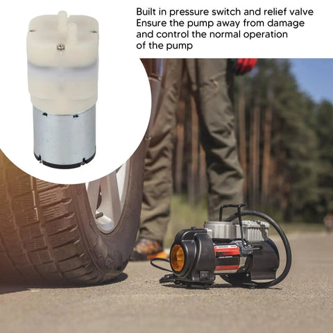 Smooth Operator Mini Vacuum Pump DC12V Low Noise Electric Air Motor shown with pressure switch near a tire in outdoor setting.