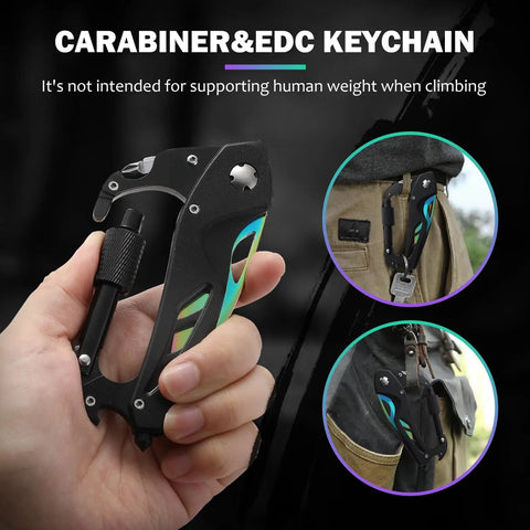 Must Have 6 In 1 Multitool Carabiner With Folding Knife And Bottle Opener in hand and clipped to pants
