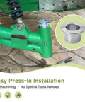 Premium Heavy Duty Steering Pivot Bushing 2 Pack For John Deere X700 X900 Riding Mower with press-in installation visible.