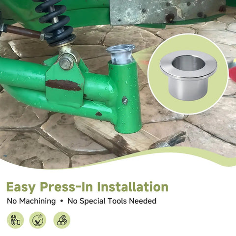 Premium Heavy Duty Steering Pivot Bushing 2 Pack For John Deere X700 X900 Riding Mower with press-in installation visible.