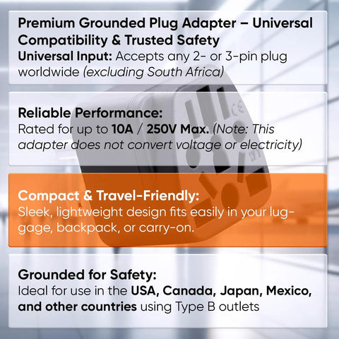 Global Travel Plug Adapter To USA Type B Grounded 3 Prong Wall Plug Converter From EU AU UK NZ CN shown with safety features