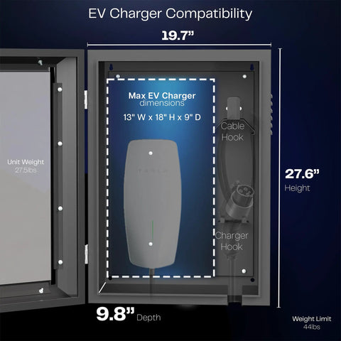 Heavy Duty Wall Mount EV Charger Protective Box With Lockable Safety Padlock Universal Fit Electric Vehicle Charging Station Cover dimensions and features.