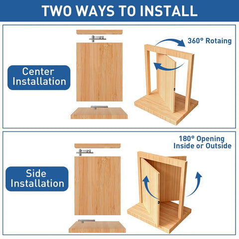 Diagram showing two installation methods for Heavy Duty Pivot Door Hinges For Wood Doors With 360 Degree Shaft Stainless Steel Pivot Hinge System For Hidden Doors And Bookshelf Bookcase Doors TamBee.