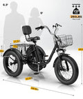 Dope Fat Tire Electric Trike For Adults With 750W Peak Motor, Smooth Power, And 20 Plus MPH Top Speed, Built For Easy Hills, City Cruising, And Light Trails, A Versatile Everyday Ride That Handles Rough Roads With Confidence. Black fat-tire electric trike with front basket and rear cargo rack, 250 lb max load