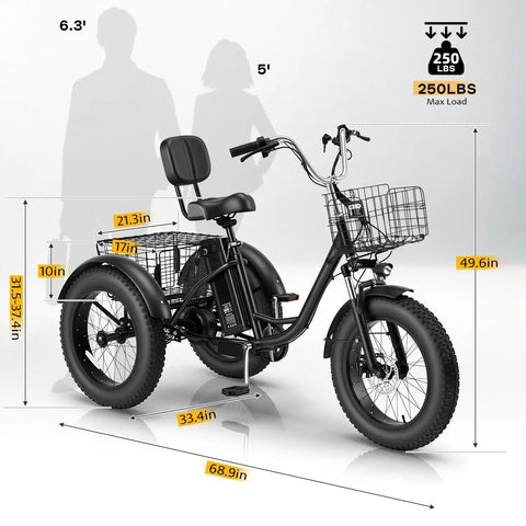 Dope Fat Tire Electric Trike For Adults With 750W Peak Motor, Smooth Power, And 20 Plus MPH Top Speed, Built For Easy Hills, City Cruising, And Light Trails, A Versatile Everyday Ride That Handles Rough Roads With Confidence. Black fat-tire electric trike with front basket and rear cargo rack, 250 lb max load