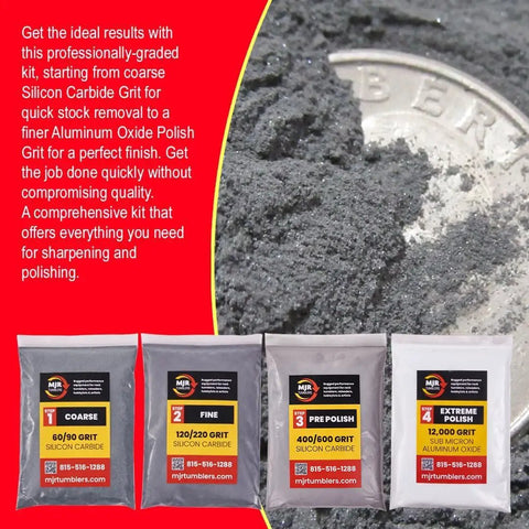 Extreme 12,000 Grit Aluminum Oxide Polish Refill Kit For Rock Tumblers Sub Micron Finish with 4 stages shown with coin for scale.