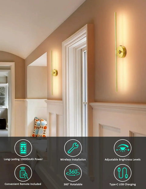 Straight Up Game Changer Wireless Wall Sconces Set Of Two Rechargeable 10000Mah Battery Light with gold finish and adjustable brightness.