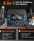 Top-Notch 2-in-1 SMD Hot Air Rework and Soldering Station with LED Display, showing hot air gun and soldering iron setup.