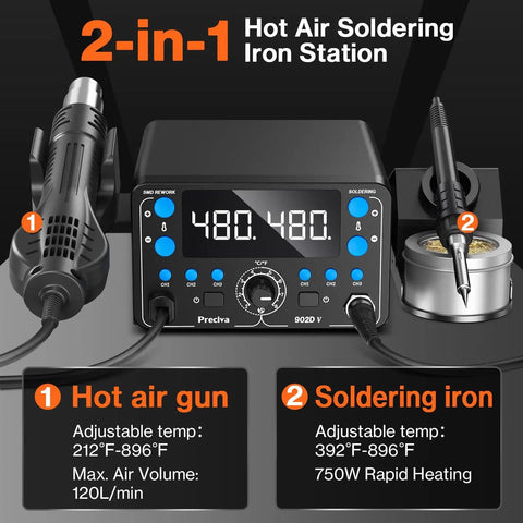 Top-Notch 2-in-1 SMD Hot Air Rework and Soldering Station with LED Display, showing hot air gun and soldering iron setup.