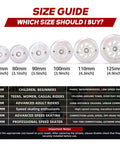 Lit Up Inline Skate Wheels size guide with 76mm, 80mm, and 90A Pearl Luminescent Roller Blade Wheels for indoor outdoor use