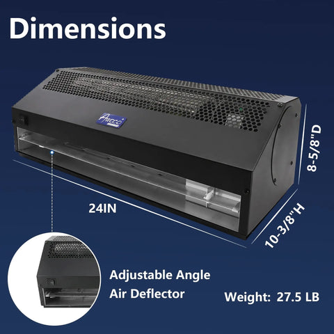 Dimensions of 24 Inch Black Commercial Air Curtain with adjustable angle air deflector, weight 27.5 LB.