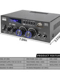 Front view of BT398A Stereo Amplifier Receiver with Bluetooth, USB, SD, FM, optical and coaxial inputs, 2-channel, 900W peak power.
