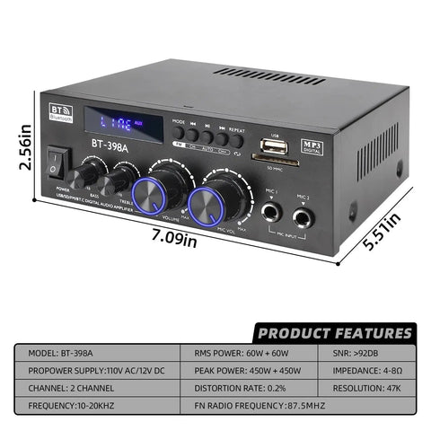 Front view of BT398A Stereo Amplifier Receiver with Bluetooth, USB, SD, FM, optical and coaxial inputs, 2-channel, 900W peak power.