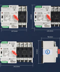 Automatic Transfer Switch ATS For Solar And Grid To Generator Power Backup Three Pole 100 Amp 110 Volt Auto Manual Operation Over And Under Voltage Protection 50 60 Hz Dual Power Source Controller dimensions and design shown
