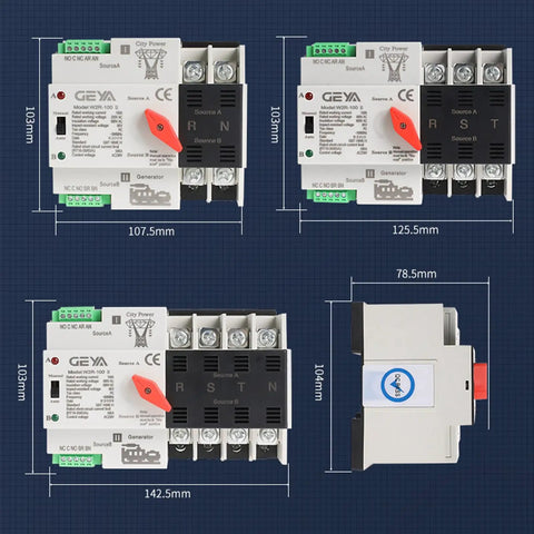 Automatic Transfer Switch ATS For Solar And Grid To Generator Power Backup Three Pole 100 Amp 110 Volt Auto Manual Operation Over And Under Voltage Protection 50 60 Hz Dual Power Source Controller dimensions and design shown
