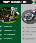 Comparison of lawn mowers with checklist for OEM models, long service life, and heavy-duty design versus coarse-made products.