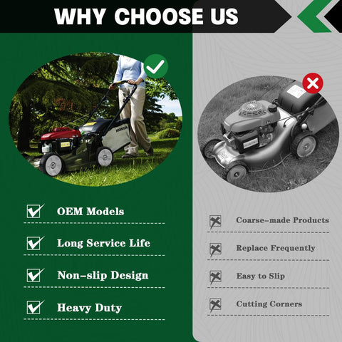 Comparison of lawn mowers with checklist for OEM models, long service life, and heavy-duty design versus coarse-made products.