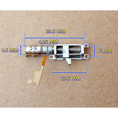 Compact 4mm 5V 2-Phase 4-Wire Stepper Motor With Planetary Gearbox, dimensions labeled, on beige background