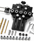Heavy Duty 5 Hole Dowel Jig For Cabinet Crafting And Furniture Assembly Featuring Robust Alloy Steel Frame and titanium drill bits.