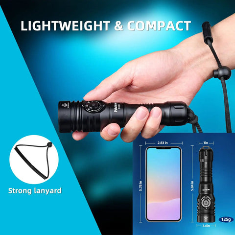 Hand holding DL03 Dive Light Two In One Scuba Flashlight With 2800 Lumen White Light And Green Beam Beast Mode Bright, size comparison shown