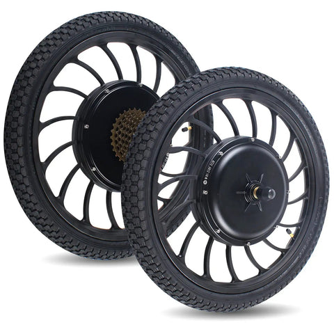 Beefy 1000W 48V Front Or Rear Hub Motor Wheel For 20 Inch Electric Bicycle Disc Brake 6 Hole Tail Wheel Aluminum Alloy Build High Efficiency And Easy Install, showing two wheels with tire treads and metal spokes.