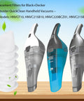 Six Pack Replacement Filters For Dustbuster QuickClean Cordless Handheld Vacuum HNVC215B10 Fits HNVCF10 shown with vacuums