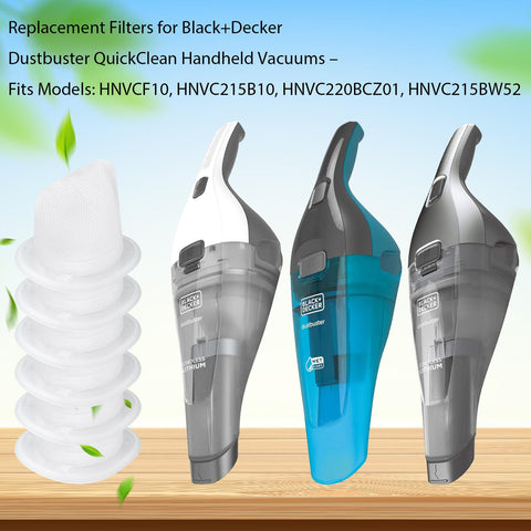 Six Pack Replacement Filters For Dustbuster QuickClean Cordless Handheld Vacuum HNVC215B10 Fits HNVCF10 shown with vacuums