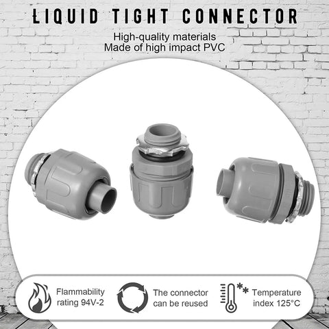 1/2 Inch Liquid Tight PVC Conduit Fittings Pack Of 30 Flexible 180 Degree Straight Connectors shown from three angles