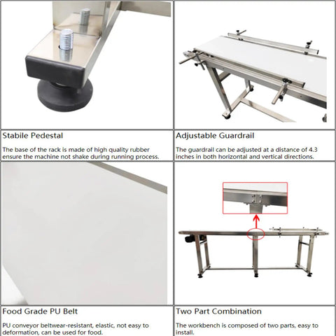 110V PU Belt Conveyor With Double Guardrails showing adjustable guardrail and stainless steel frame, food grade handling in warehouses