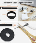 Cable Management Kit For TV And Computer Setup With 4 Cable Sleeves 57 Self Adhesive Clips 12 Hanging Strips 12 Organizer Straps And 100 Fastening Ties For A Clean Under Desk Cable System Black And White showing 12 organizer straps and roll being cut