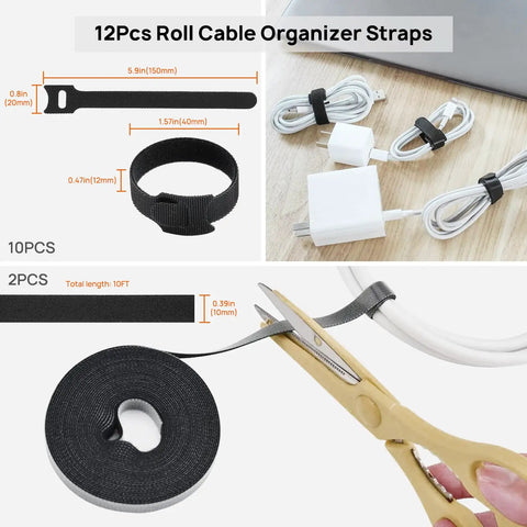 Cable Management Kit For TV And Computer Setup With 4 Cable Sleeves 57 Self Adhesive Clips 12 Hanging Strips 12 Organizer Straps And 100 Fastening Ties For A Clean Under Desk Cable System Black And White showing 12 organizer straps and roll being cut