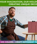 Man showcasing 4 Piece Concrete Molds Set For DIY Patio Pavers And Labyrinth Pathmaker Slab Stones on a table.