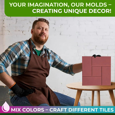Man showcasing 4 Piece Concrete Molds Set For DIY Patio Pavers And Labyrinth Pathmaker Slab Stones on a table.