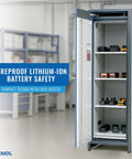 Heavy Duty Lithium Ion Battery Storage Cabinet With 90 Minute Fireproof Rating And Straight Up Secure Pressure Relief Vent Hardcore Four Shelf Safety Locker For Shop Or Garage Protection Blue, open view with batteries inside.