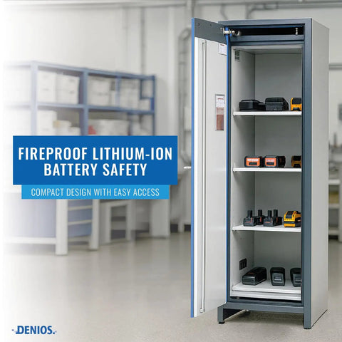 Heavy Duty Lithium Ion Battery Storage Cabinet With 90 Minute Fireproof Rating And Straight Up Secure Pressure Relief Vent Hardcore Four Shelf Safety Locker For Shop Or Garage Protection Blue, open view with batteries inside.