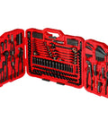 True Mechanic 312 Piece Tool Set With Ratchet And Socket System in red case, includes SAE and Metric wrenches, pliers, and sockets.
