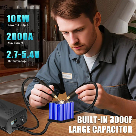 Man using Portable Capacitor Spot Welder With Crisp LCD Display And 120 Pulse Controls for 18650 battery packing.