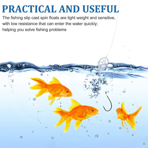 50 Pieces Spin Floats Fishing Bobbers Set in action underwater with fish and a hook, showing casting and float sensitivity.