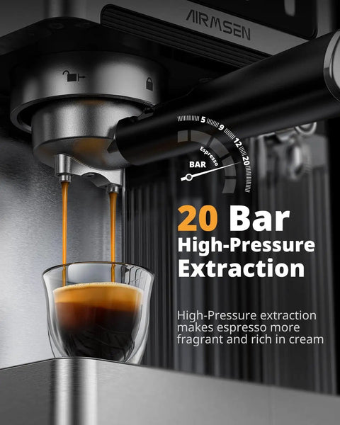 Close-up of 20 Bar Espresso Machine With Automatic Milk Frother For Cappuccino And Latte, dual boiler, stainless steel.