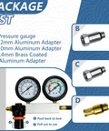 Leak-down tester kit with dual gauges; includes three adapters: 12mm/10mm aluminum and 14mm brass-coated adapters.